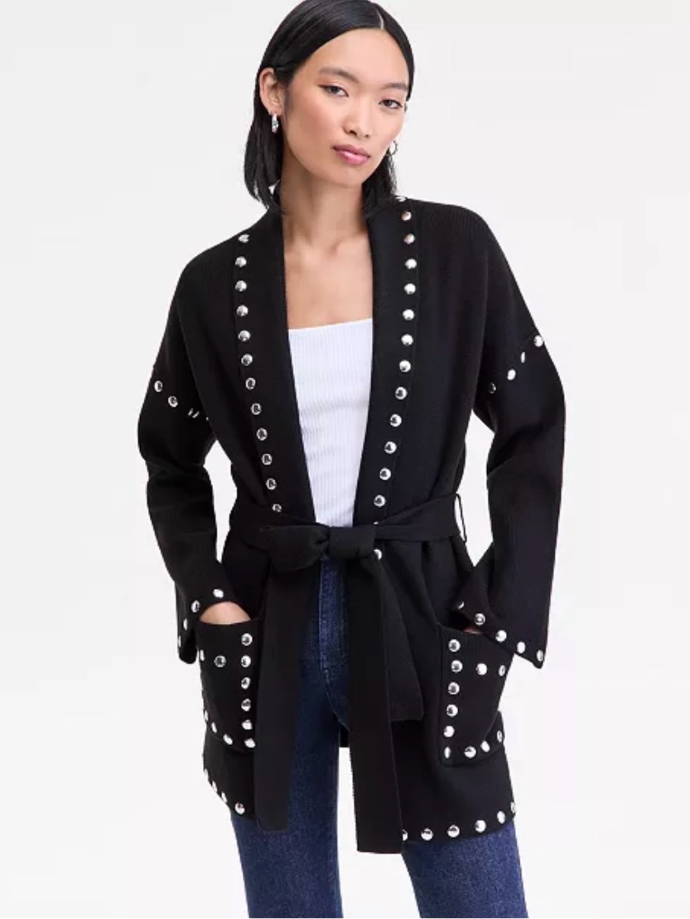 INC International Concepts Black Stud-Trim Belted Cardigan NWT